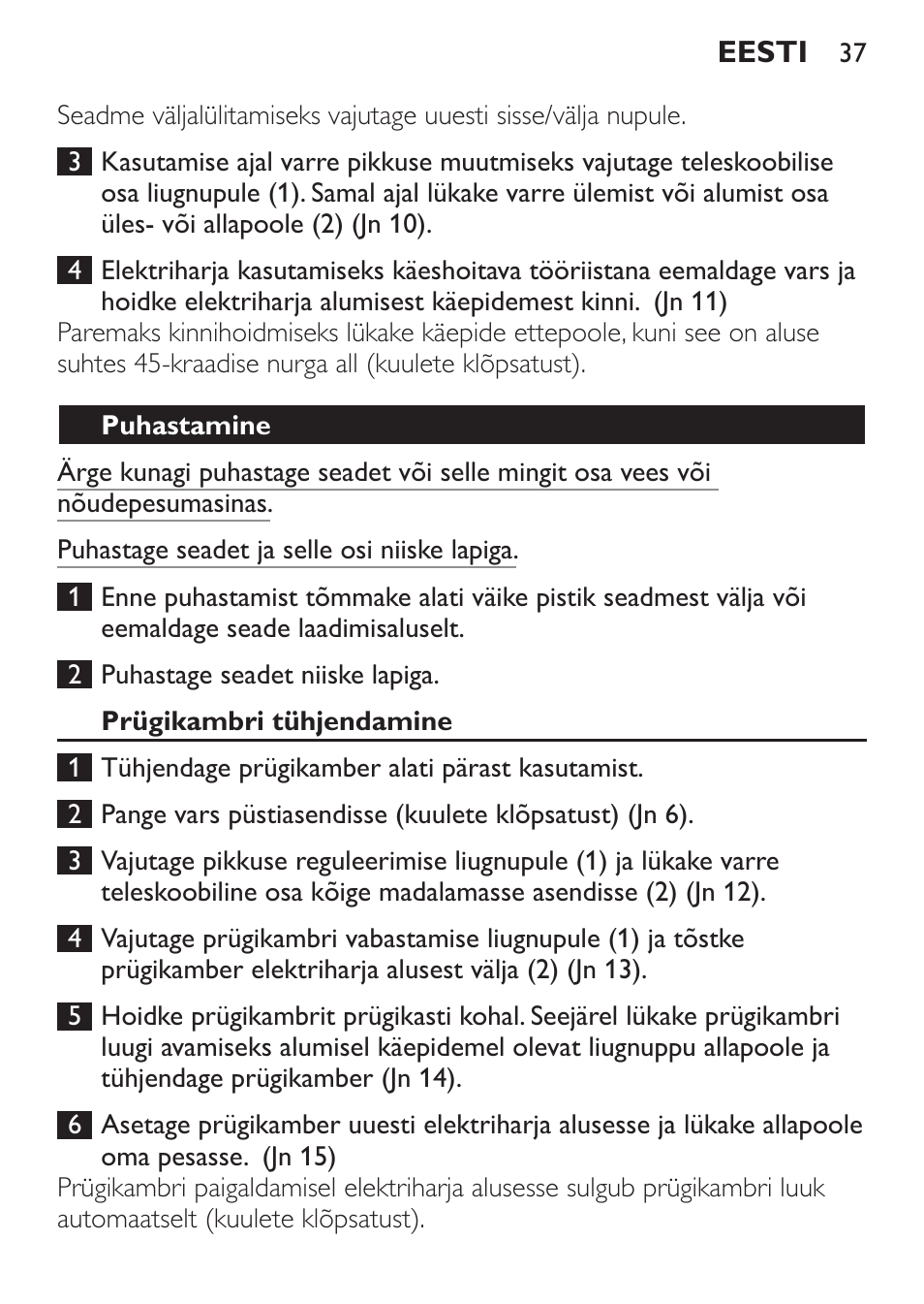 Puhastamine, Prügikambri tühjendamine | Philips FC6125 User Manual | Page 37 / 160