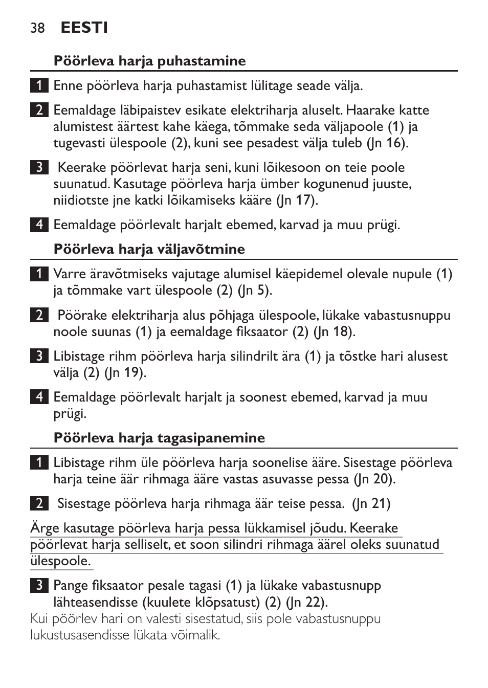 Pöörleva harja puhastamine, Pöörleva harja väljavõtmine, Pöörleva harja tagasipanemine | Philips FC6125 User Manual | Page 38 / 160