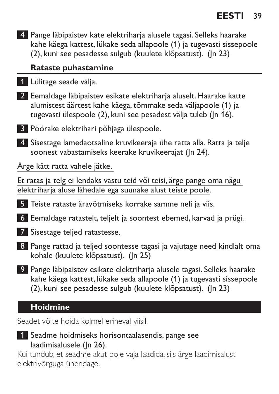 Rataste puhastamine, Hoidmine | Philips FC6125 User Manual | Page 39 / 160