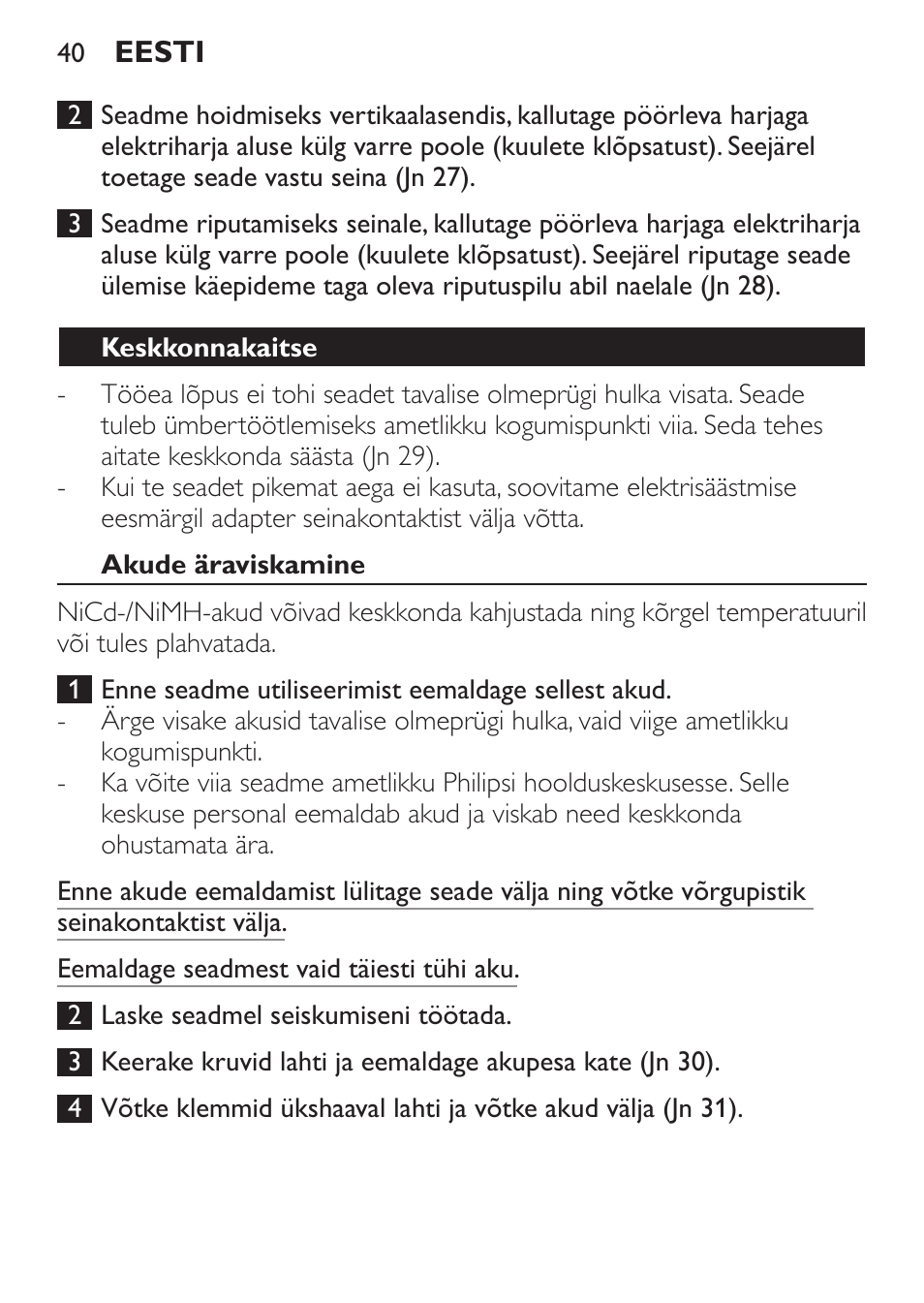 Keskkonnakaitse, Akude äraviskamine | Philips FC6125 User Manual | Page 40 / 160