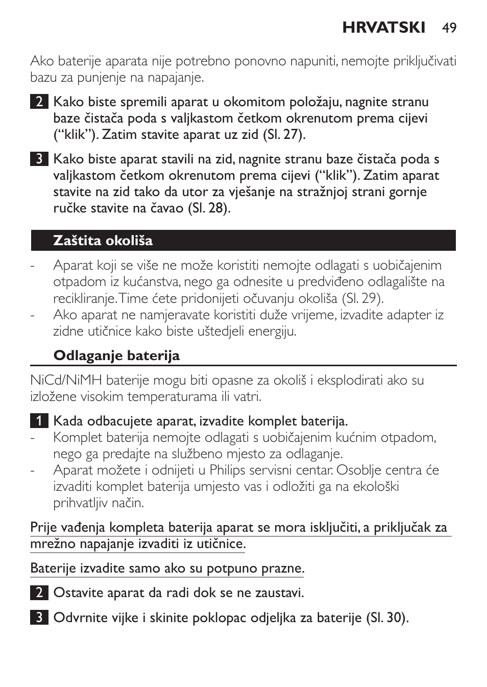 Zaštita okoliša, Odlaganje baterija | Philips FC6125 User Manual | Page 49 / 160