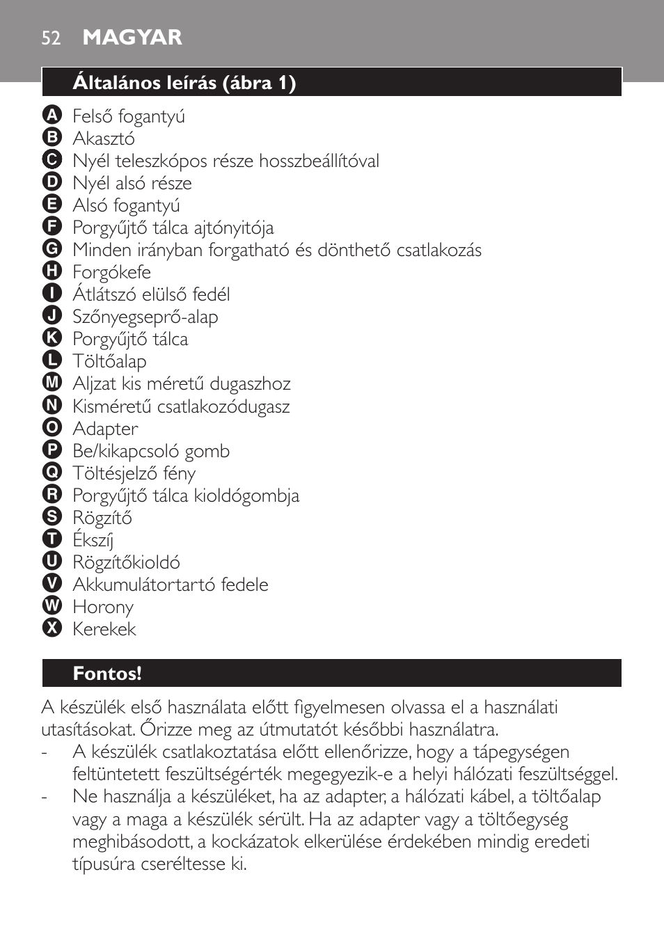 Magyar, Általános leírás (ábra 1), Fontos | Philips FC6125 User Manual | Page 52 / 160