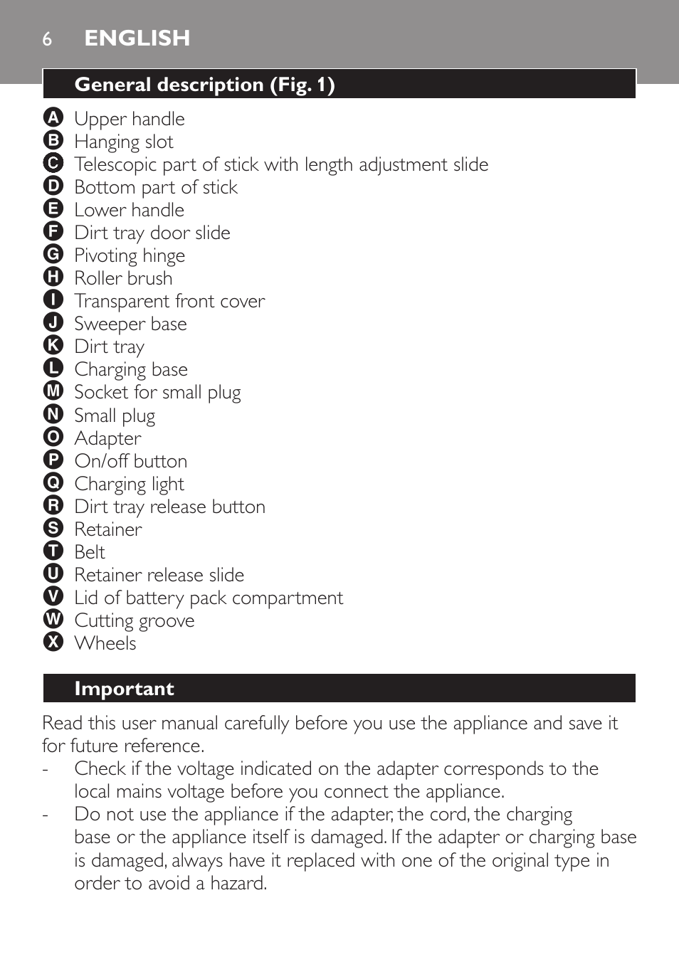 English, General description (fig. 1), Important | Philips FC6125 User Manual | Page 6 / 160