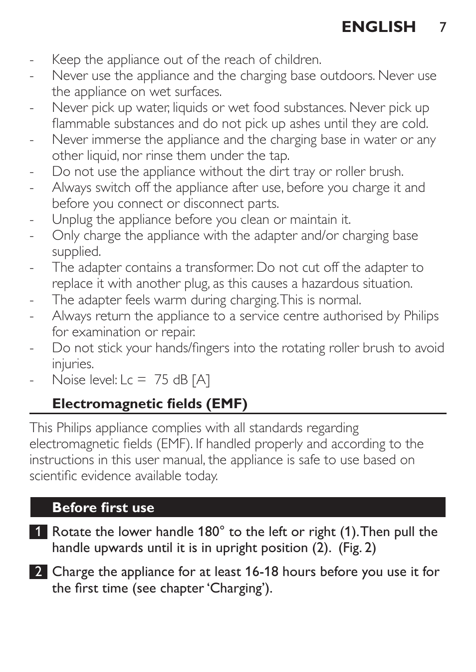 Electromagnetic fields (emf), Before first use | Philips FC6125 User Manual | Page 7 / 160