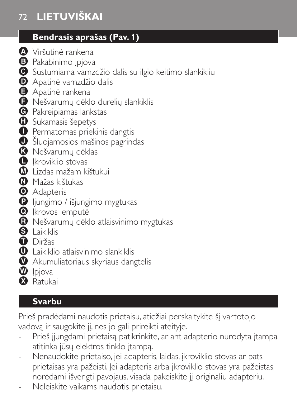 Lietuviškai, Bendrasis aprašas (pav. 1), Svarbu | Philips FC6125 User Manual | Page 72 / 160