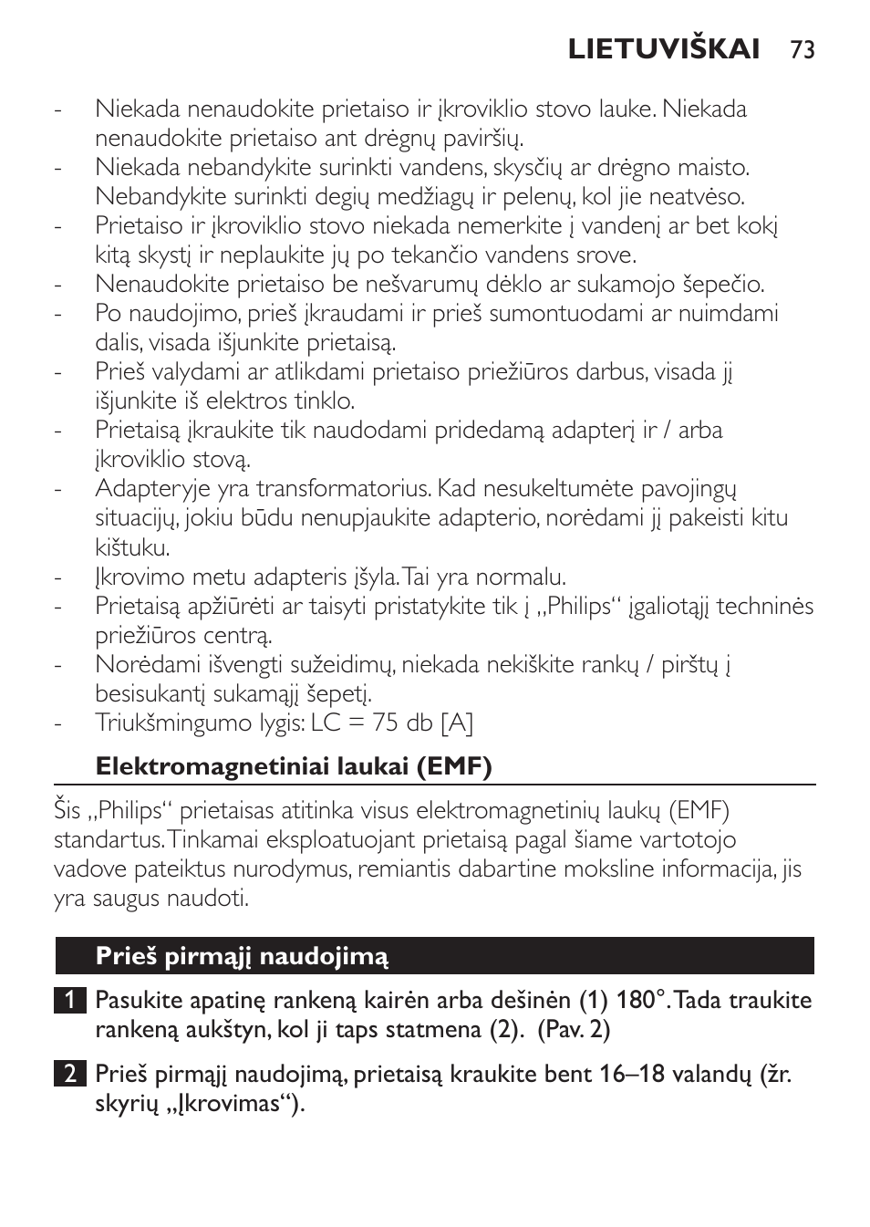 Elektromagnetiniai laukai (emf), Prieš pirmąjį naudojimą | Philips FC6125 User Manual | Page 73 / 160