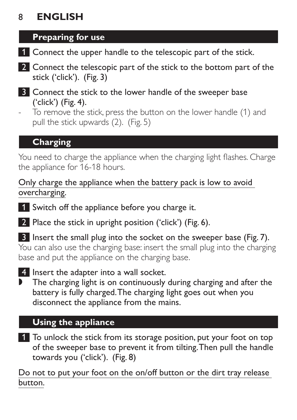 Preparing for use, Charging, Using the appliance | Philips FC6125 User Manual | Page 8 / 160