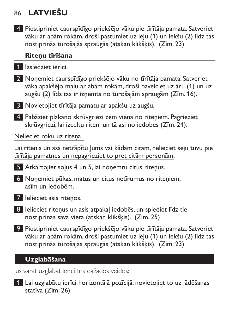 Riteņu tīrīšana, Uzglabāšana | Philips FC6125 User Manual | Page 86 / 160