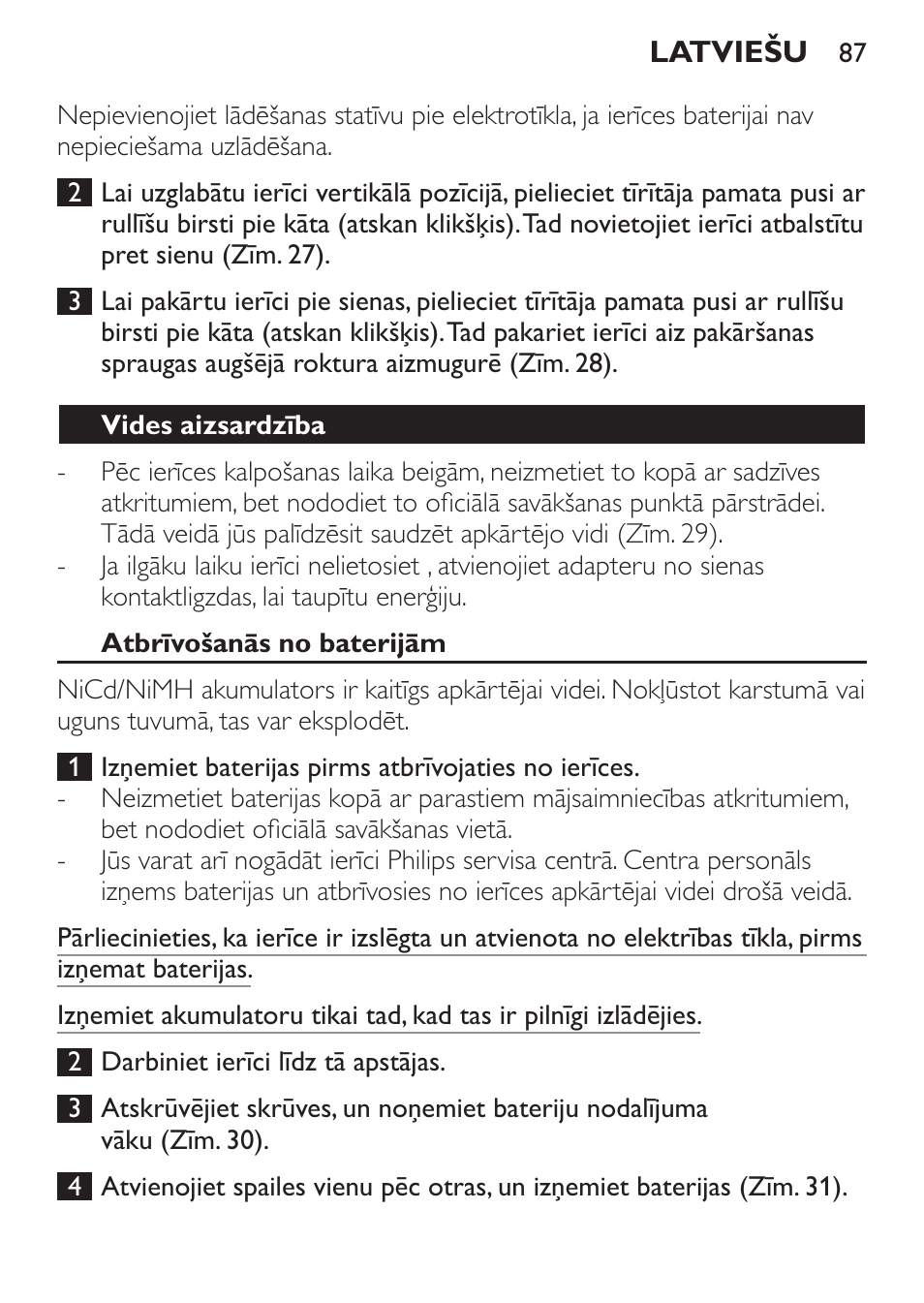 Vides aizsardzība, Atbrīvošanās no baterijām | Philips FC6125 User Manual | Page 87 / 160