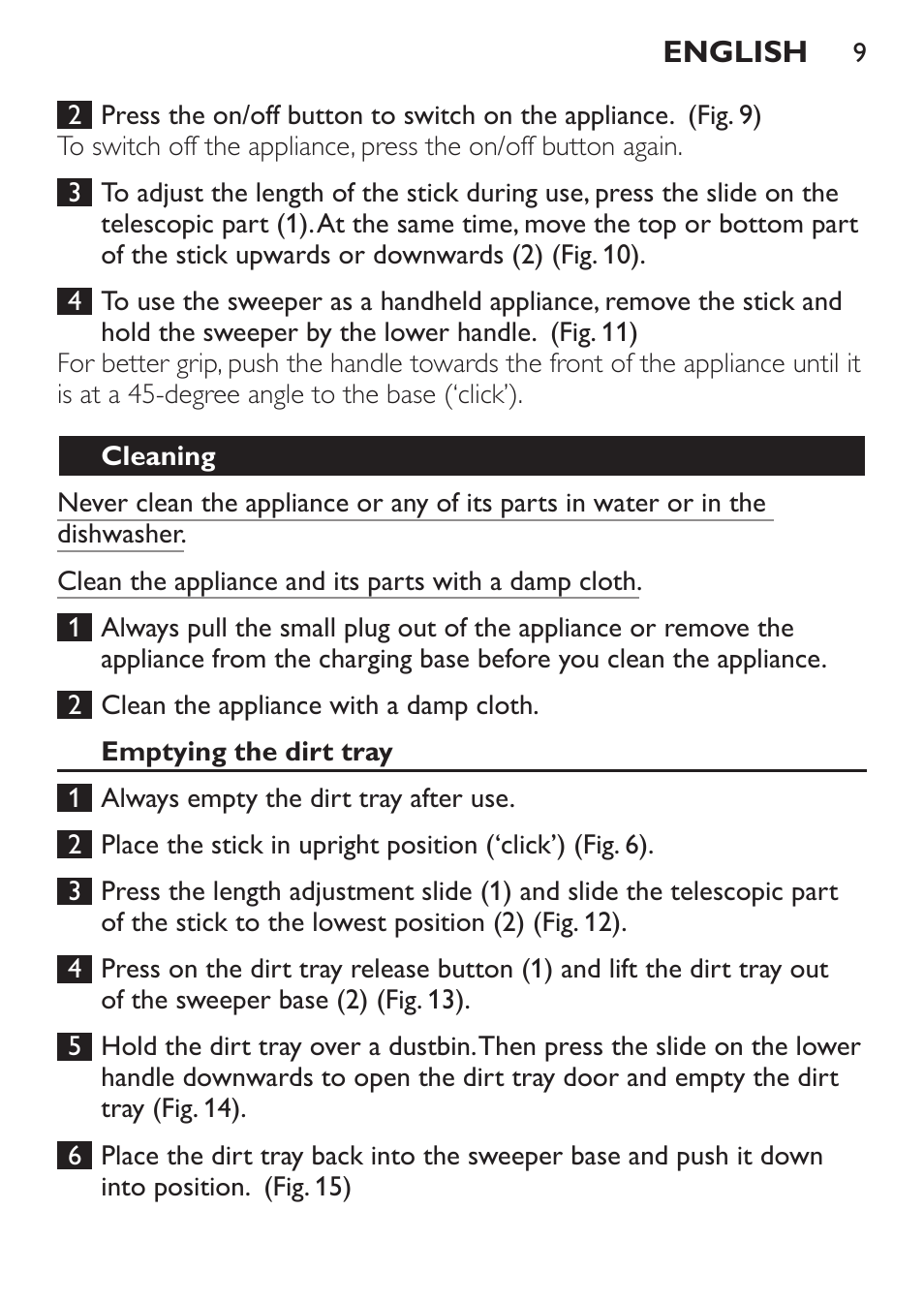 Cleaning, Emptying the dirt tray | Philips FC6125 User Manual | Page 9 / 160