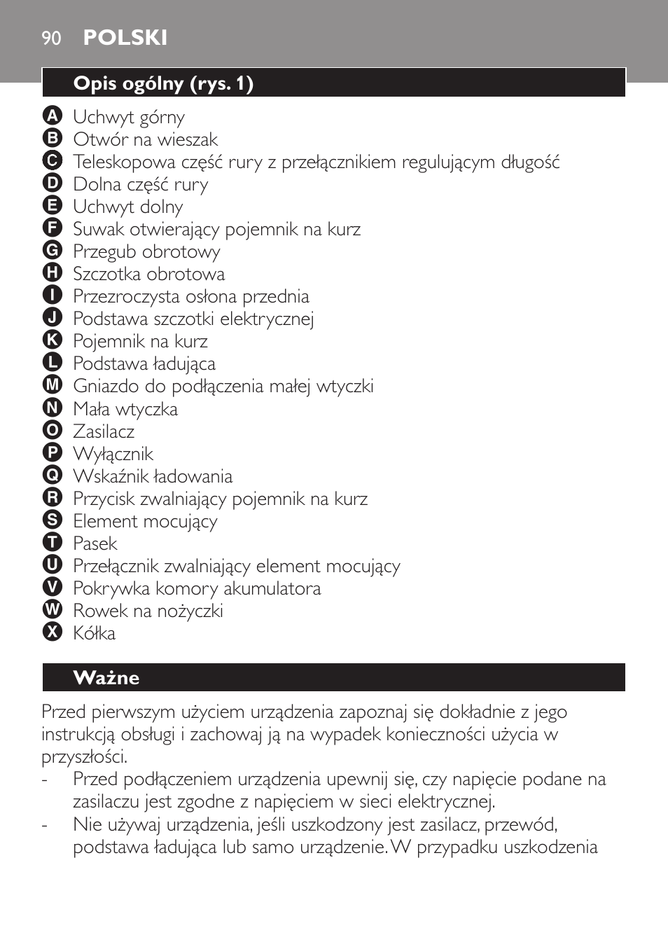 Polski, Opis ogólny (rys. 1), Ważne | Philips FC6125 User Manual | Page 90 / 160