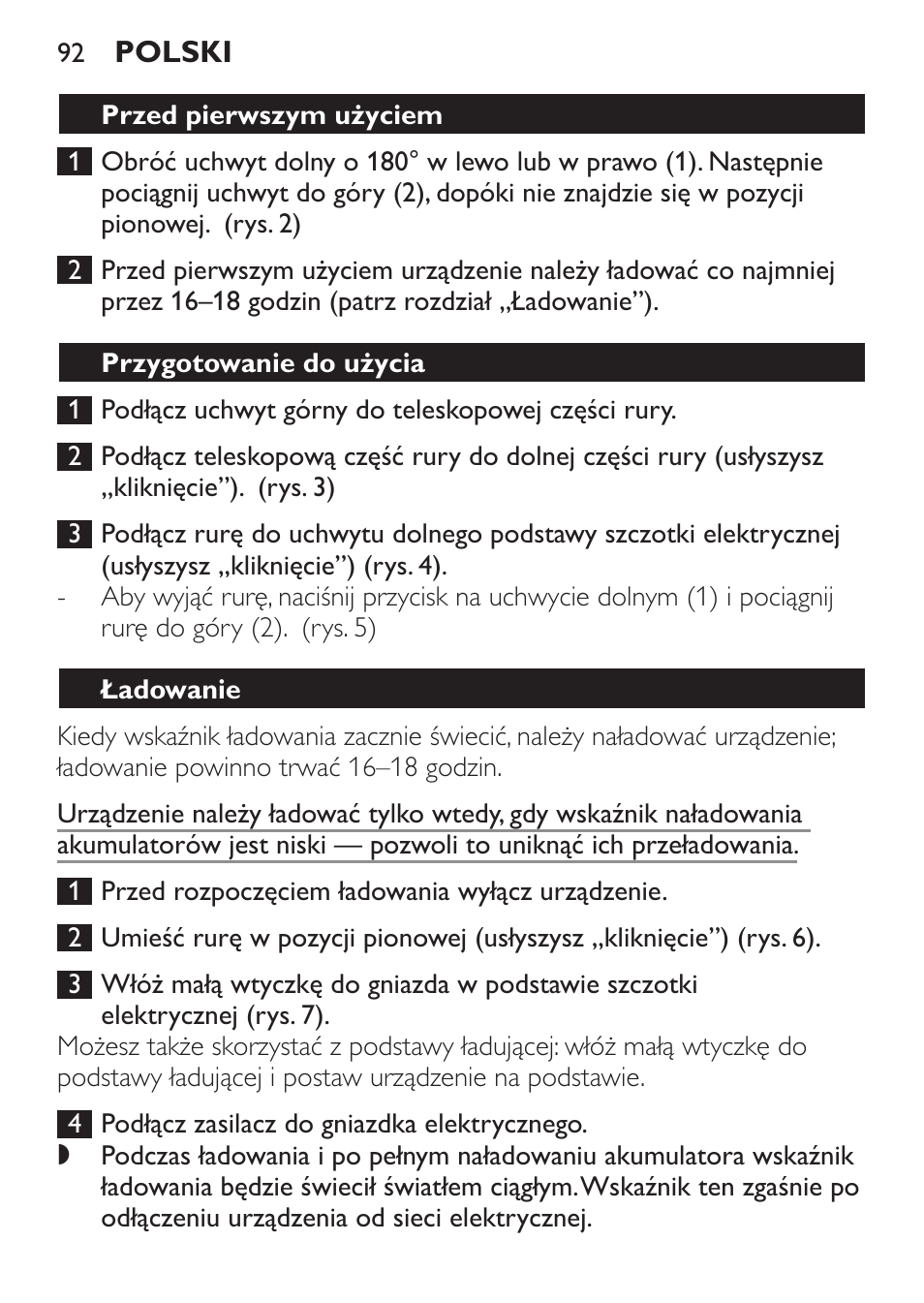 Przed pierwszym użyciem, Przygotowanie do użycia, Ładowanie | Philips FC6125 User Manual | Page 92 / 160