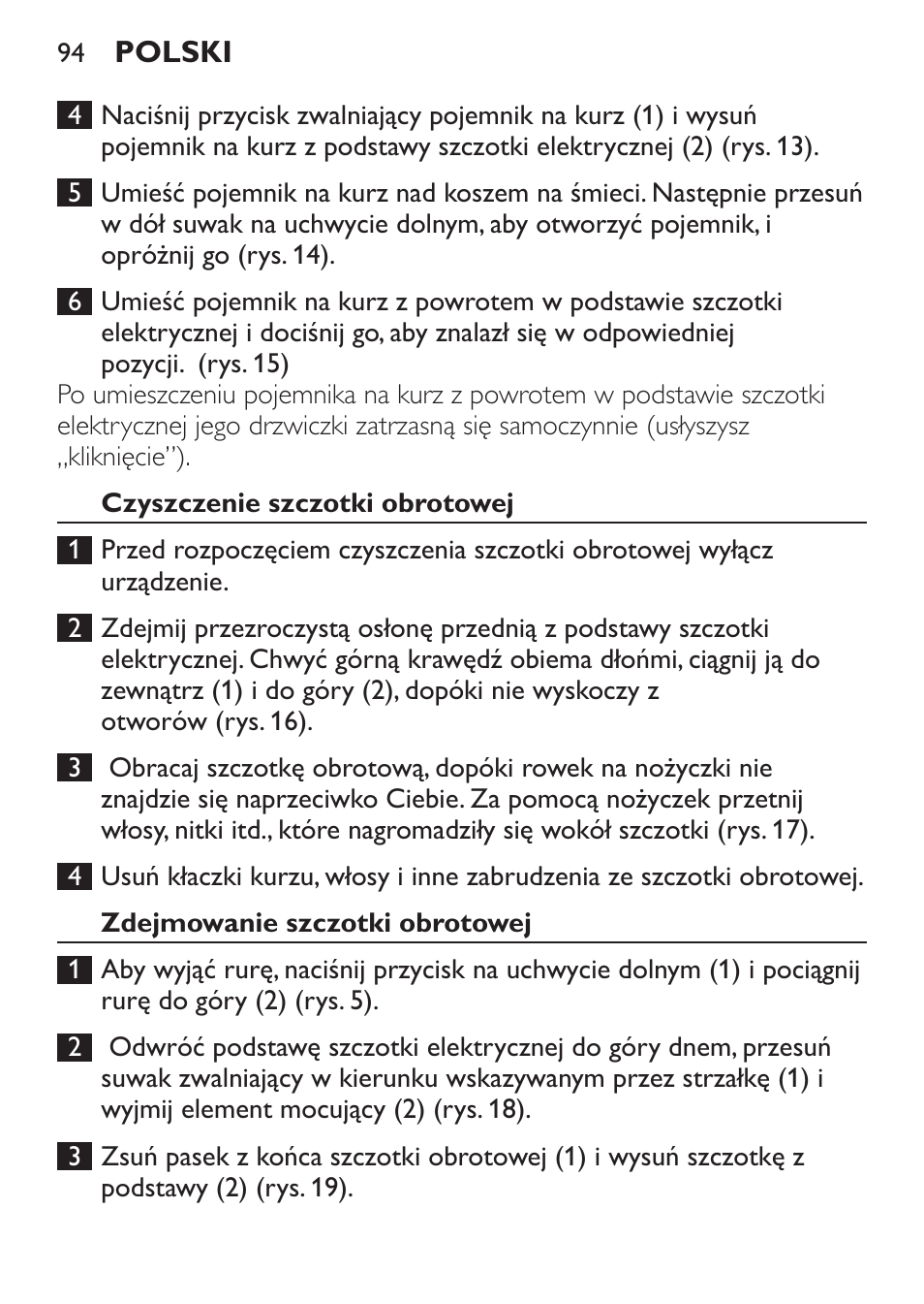 Czyszczenie szczotki obrotowej, Zdejmowanie szczotki obrotowej | Philips FC6125 User Manual | Page 94 / 160