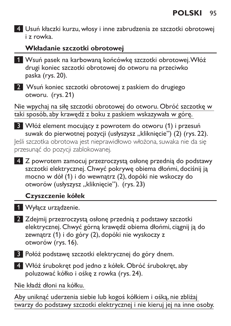 Wkładanie szczotki obrotowej, Czyszczenie kółek | Philips FC6125 User Manual | Page 95 / 160