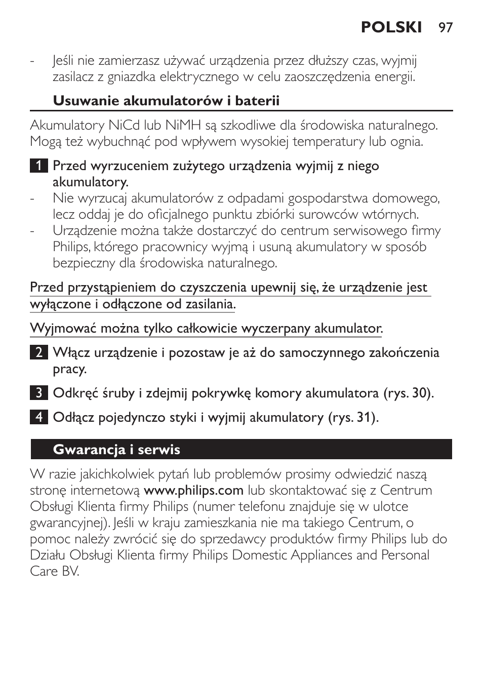 Usuwanie akumulatorów i baterii, Gwarancja i serwis | Philips FC6125 User Manual | Page 97 / 160