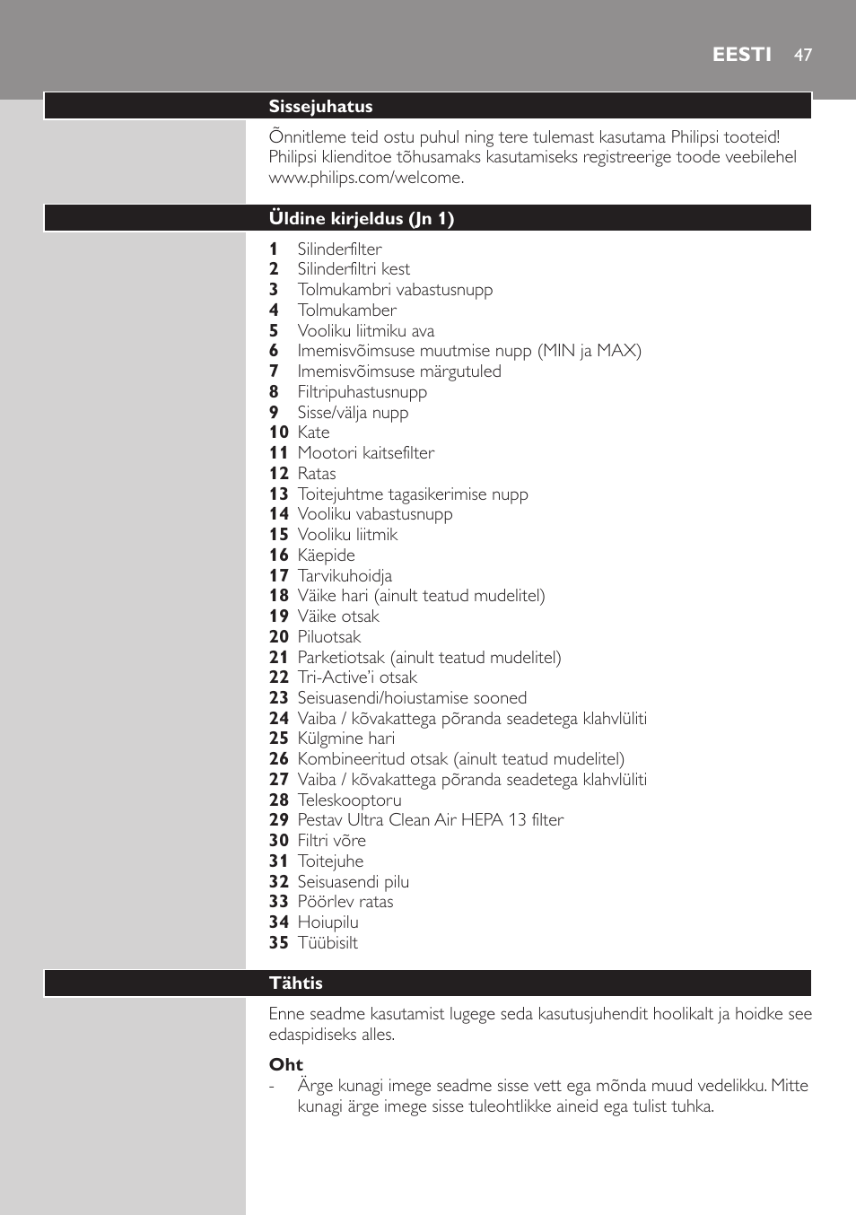 Eesti, Eesti 47 | Philips FC9222 User Manual | Page 47 / 250