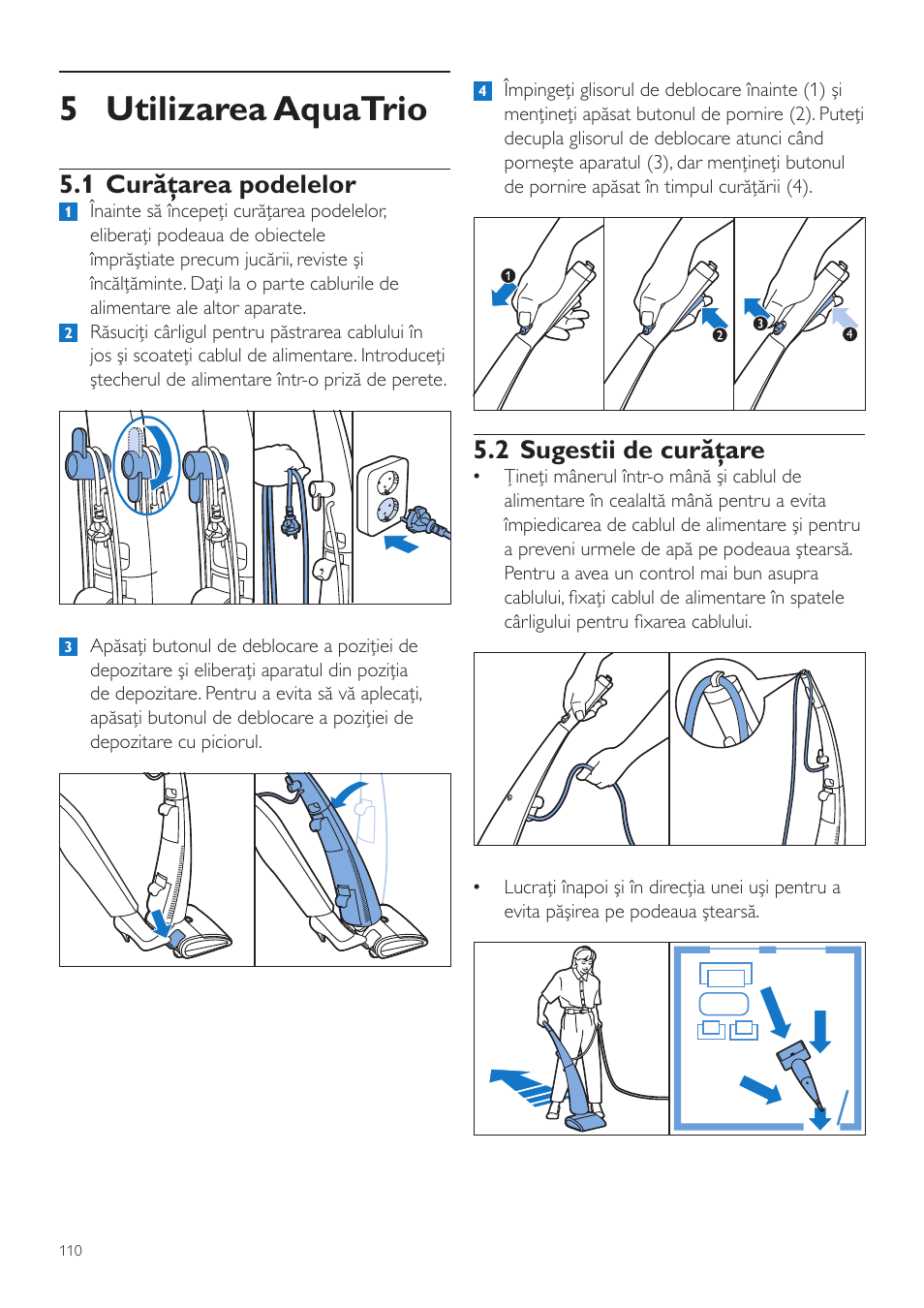 5 utilizarea aquatrio, 2 sugestii de curăţare, 1 curăţarea podelelor | Philips FC7070 User Manual | Page 110 / 230