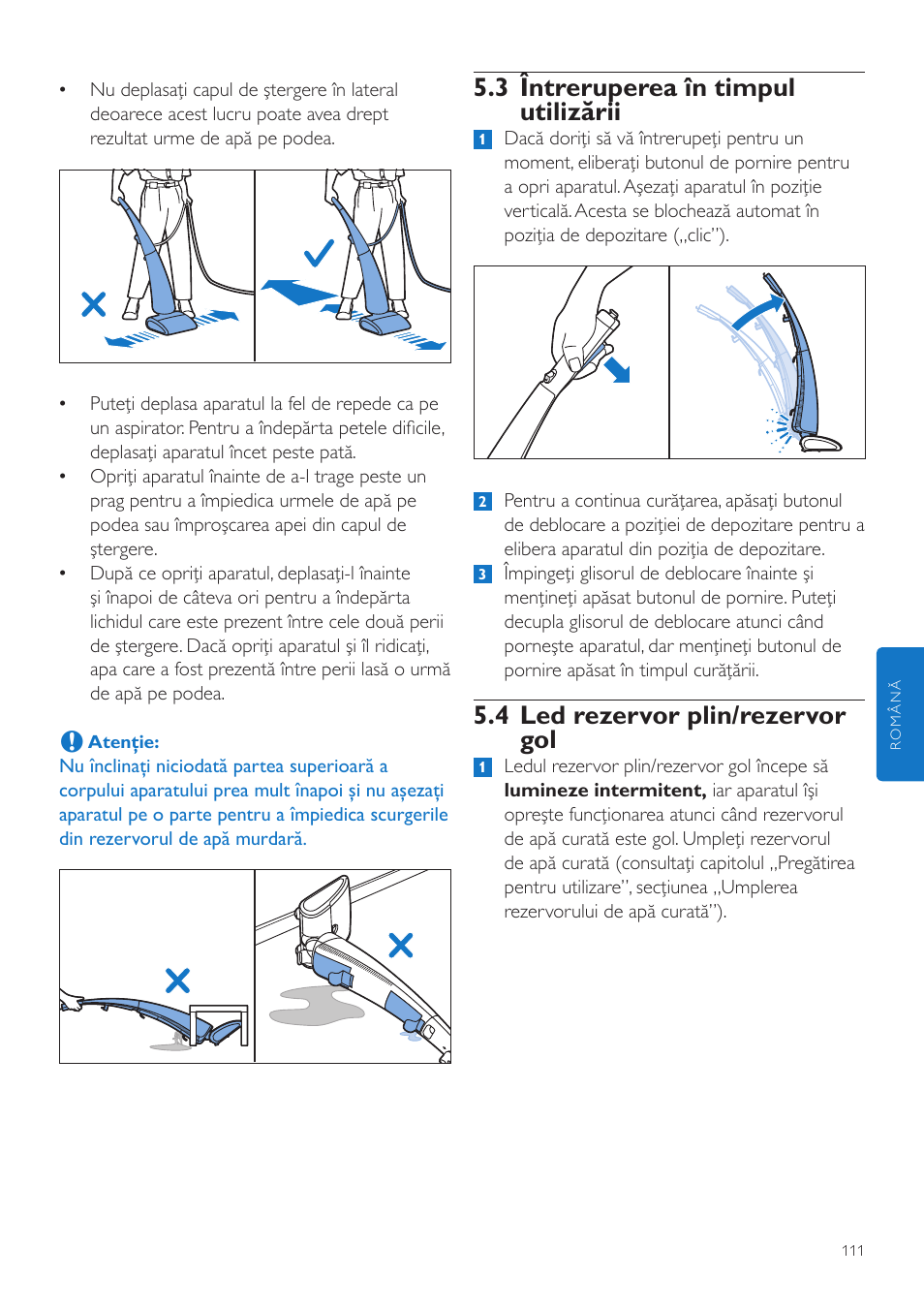 3 întreruperea în timpul utilizării, 4 led rezervor plin/rezervor gol | Philips FC7070 User Manual | Page 111 / 230