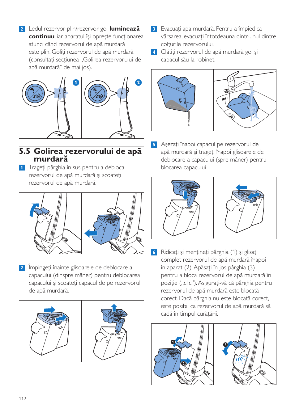 5 golirea rezervorului de apă murdară | Philips FC7070 User Manual | Page 112 / 230