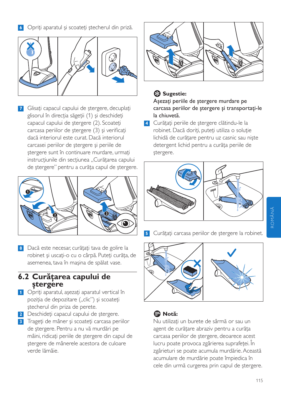 2 curăţarea capului de ştergere | Philips FC7070 User Manual | Page 115 / 230