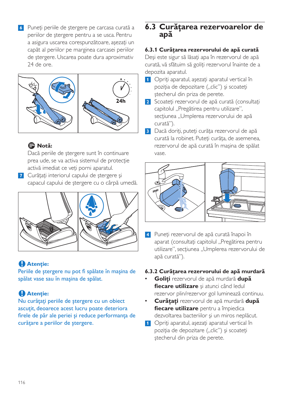 3 curăţarea rezervoarelor de apă | Philips FC7070 User Manual | Page 116 / 230