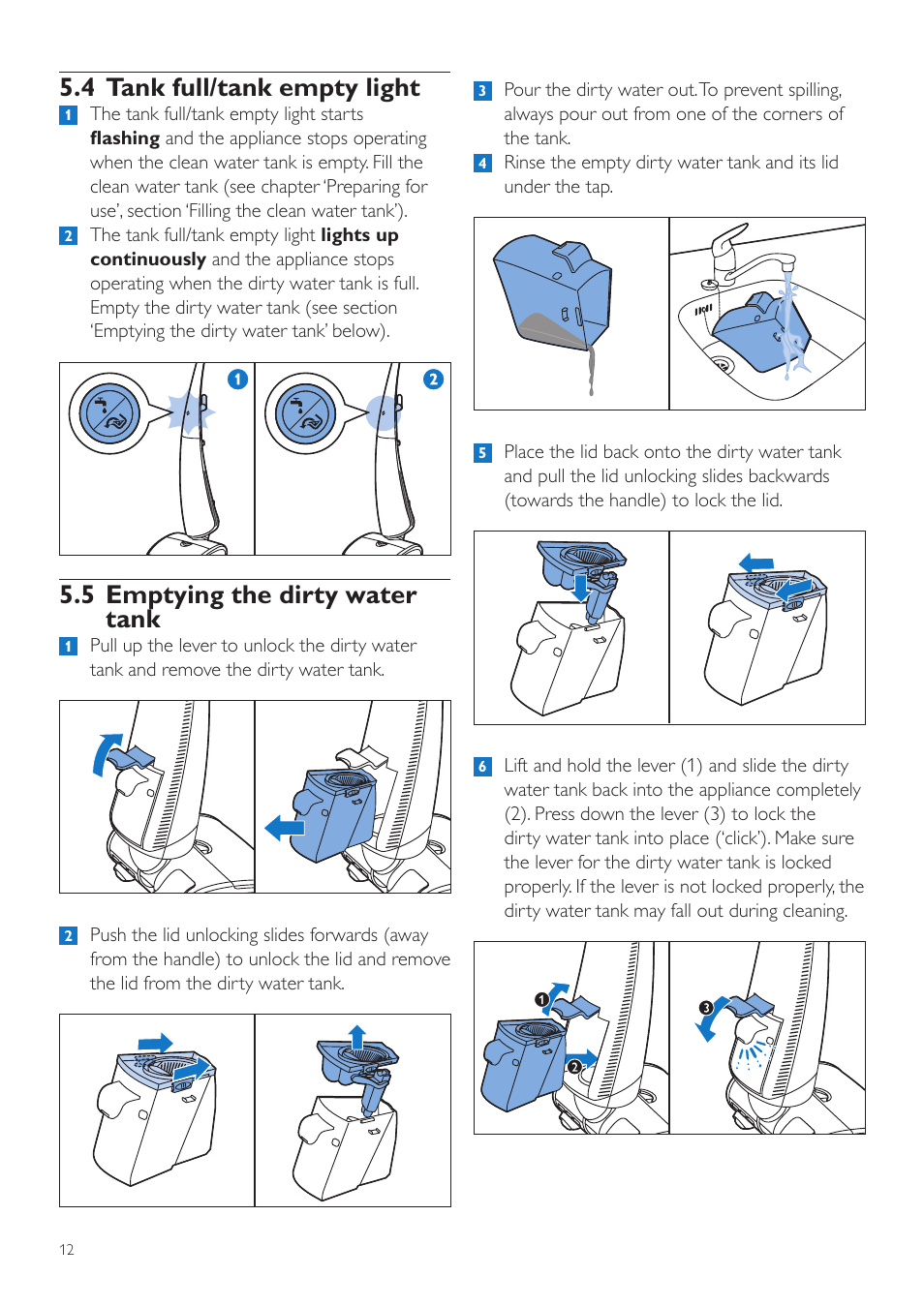 4 tank full/tank empty light, 5 emptying the dirty water tank | Philips FC7070 User Manual | Page 12 / 230