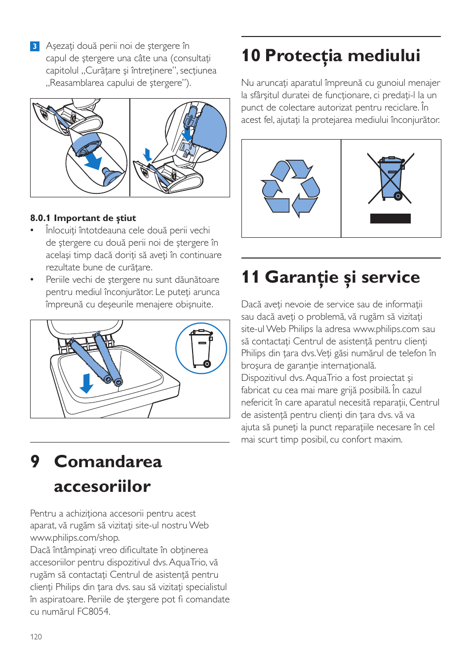 10 protecţia mediului, 11 garanţie şi service, 9 comandarea accesoriilor | Philips FC7070 User Manual | Page 120 / 230