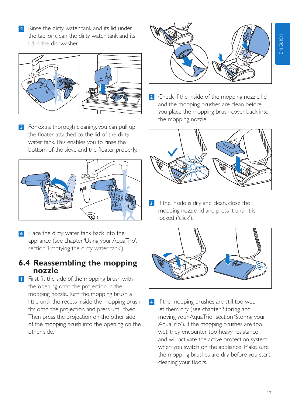 4 reassembling the mopping nozzle | Philips FC7070 User Manual | Page 17 / 230