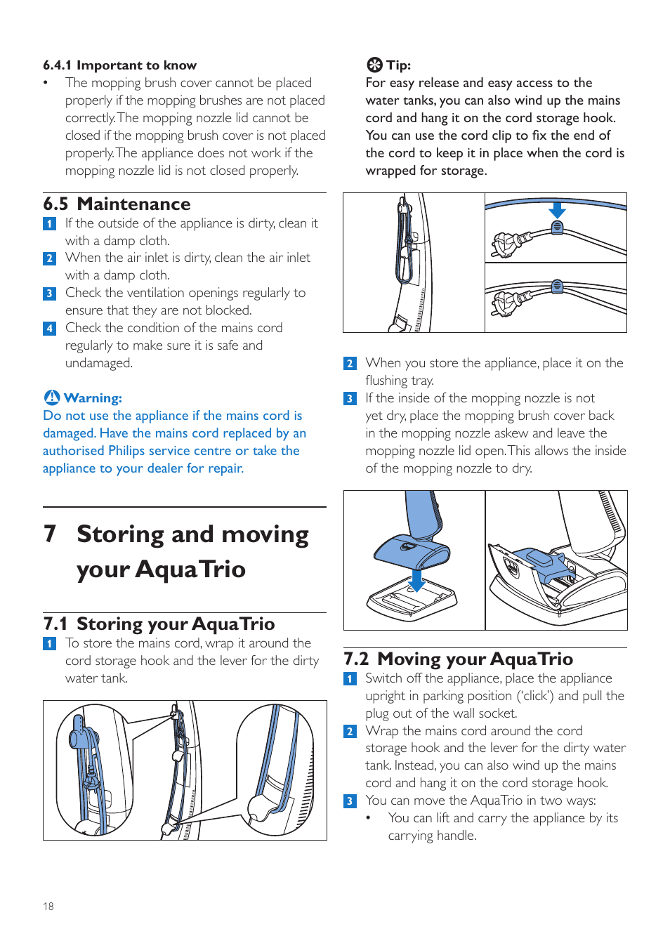 7 storing and moving your aquatrio, 2 moving your aquatrio, 5 maintenance | 1 storing your aquatrio | Philips FC7070 User Manual | Page 18 / 230