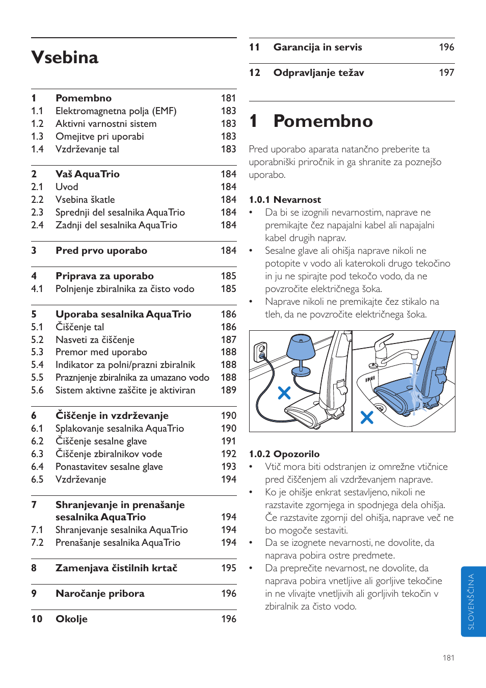 Si uporabniški priročnik, Vsebina, 1 pomembno | Philips FC7070 User Manual | Page 181 / 230