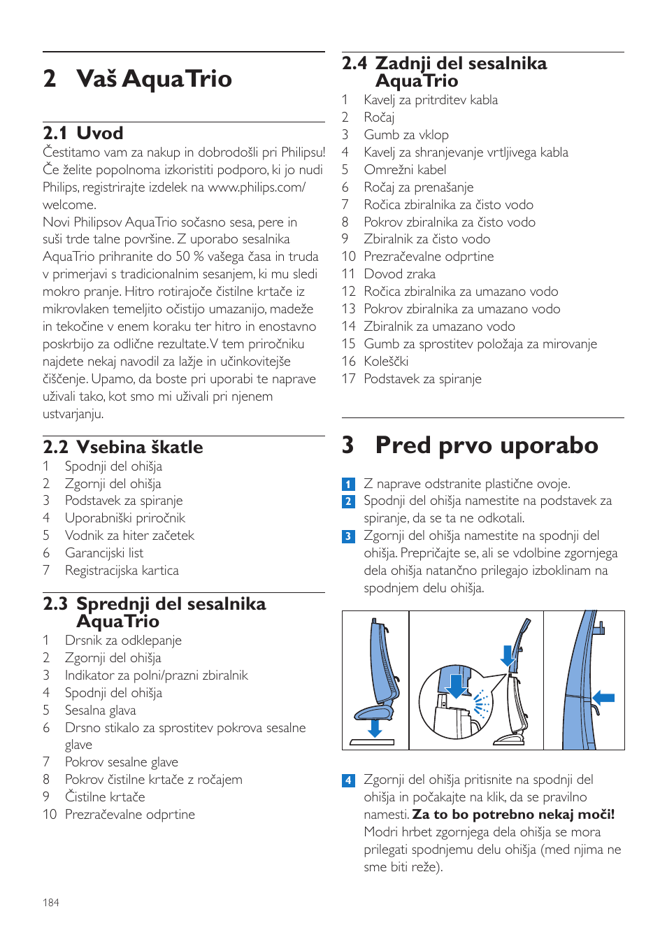 3 pred prvo uporabo, 2 vaš aquatrio, 4 zadnji del sesalnika aquatrio | 1 uvod, 2 vsebina škatle, 3 sprednji del sesalnika aquatrio | Philips FC7070 User Manual | Page 184 / 230