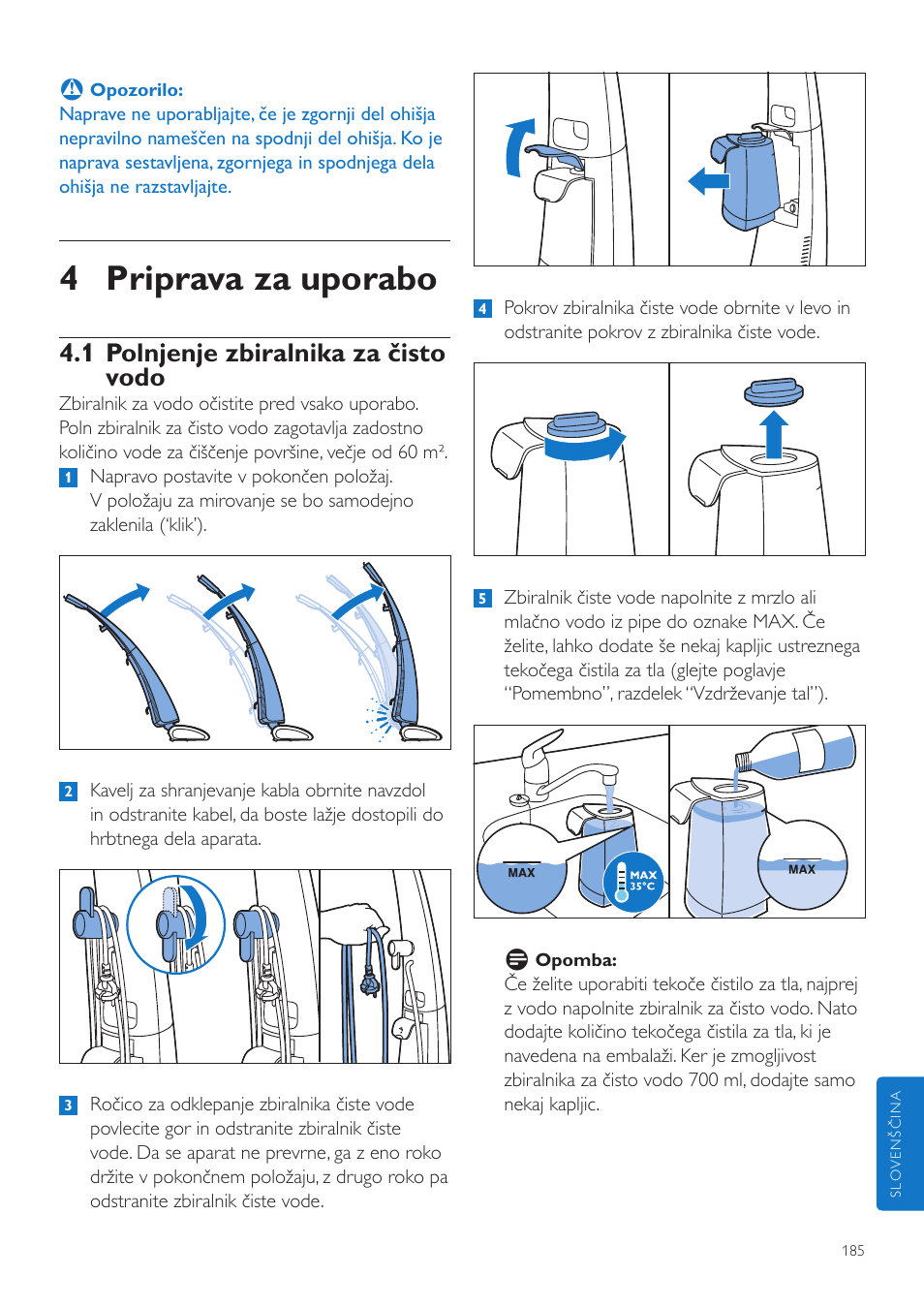 4 priprava za uporabo, 1 polnjenje zbiralnika za čisto vodo | Philips FC7070 User Manual | Page 185 / 230