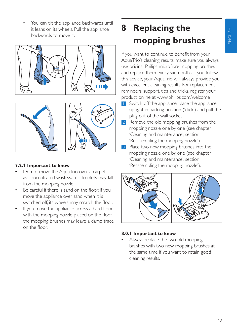 8 replacing the mopping brushes | Philips FC7070 User Manual | Page 19 / 230
