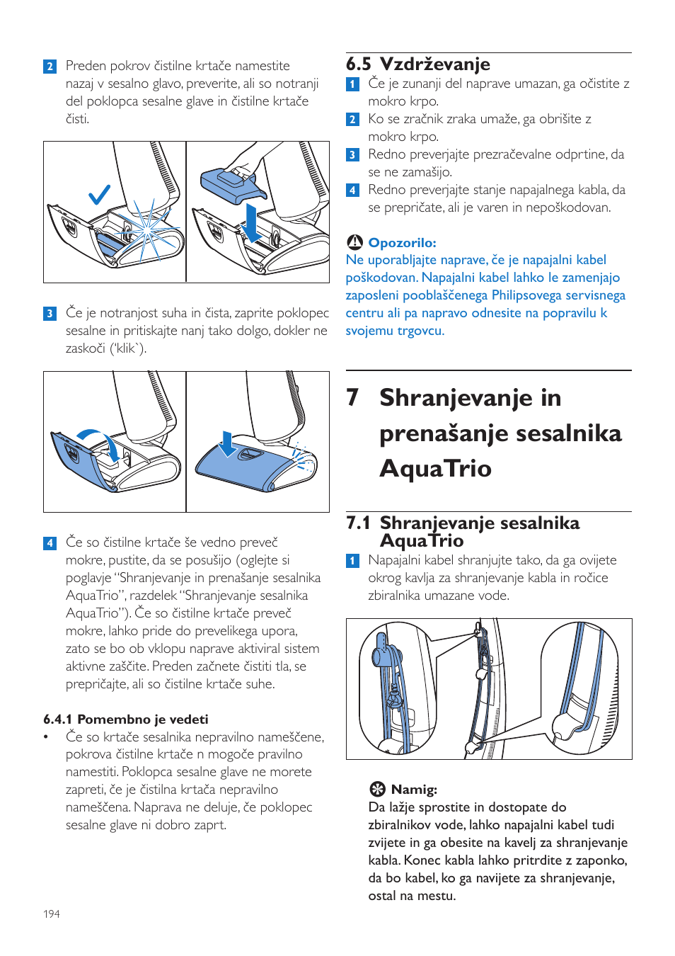 7 shranjevanje in prenašanje sesalnika aquatrio, 5 vzdrževanje, 1 shranjevanje sesalnika aquatrio | Philips FC7070 User Manual | Page 194 / 230