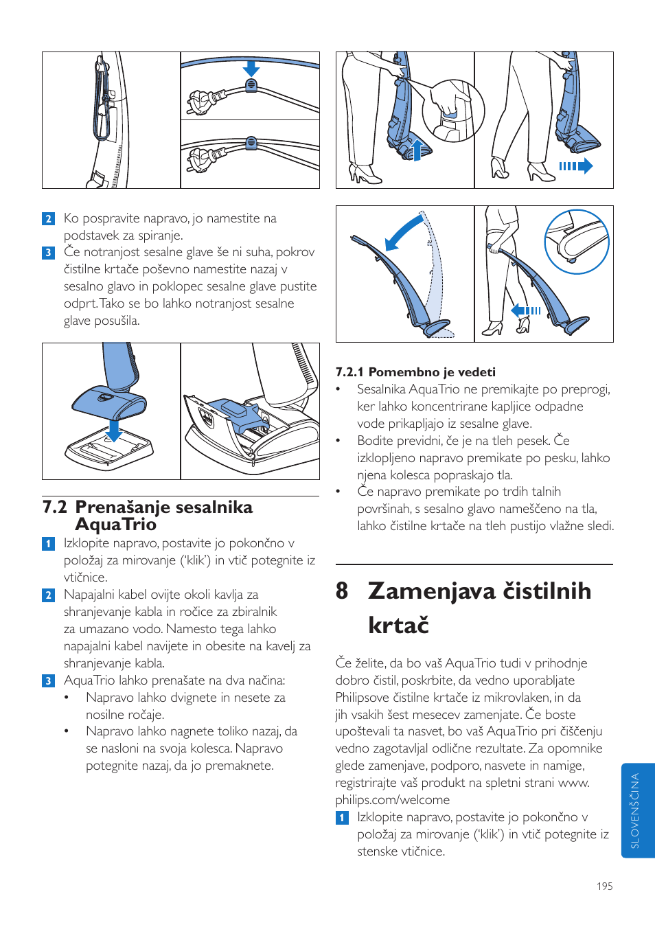 8 zamenjava čistilnih krtač, 2 prenašanje sesalnika aquatrio | Philips FC7070 User Manual | Page 195 / 230