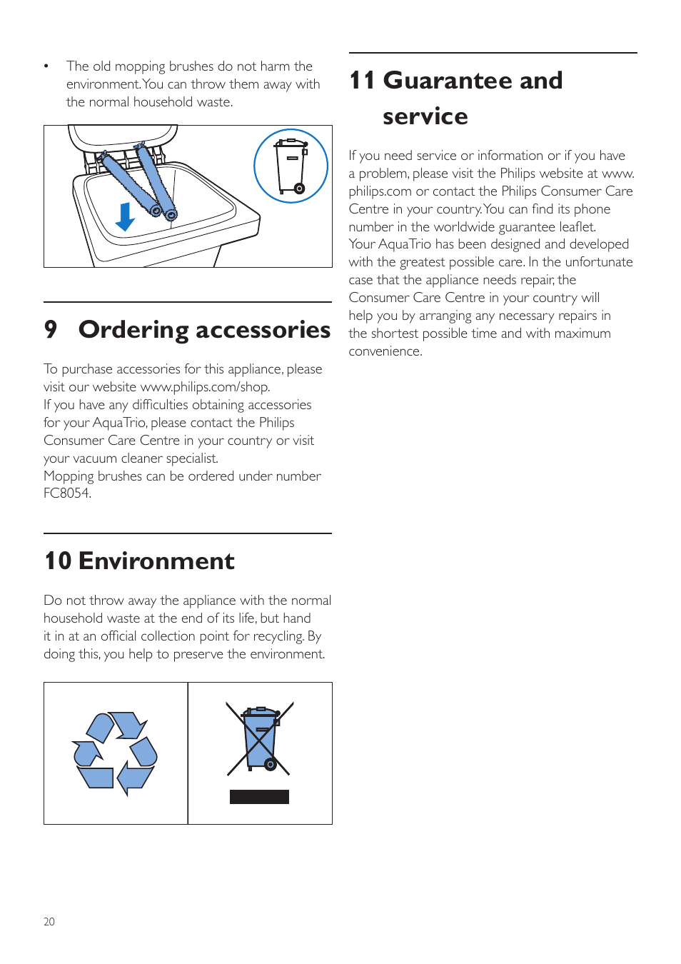 11 guarantee and service, 9 ordering accessories, 10 environment | Philips FC7070 User Manual | Page 20 / 230