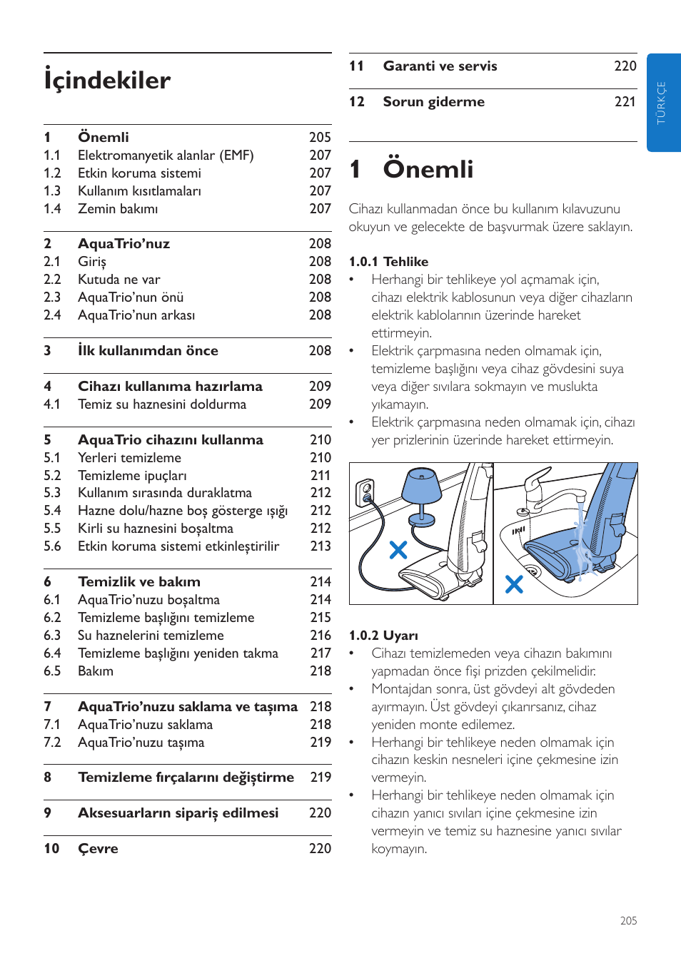 Tr kullanım kılavuzu, Içindekiler, 1 önemli | Philips FC7070 User Manual | Page 205 / 230