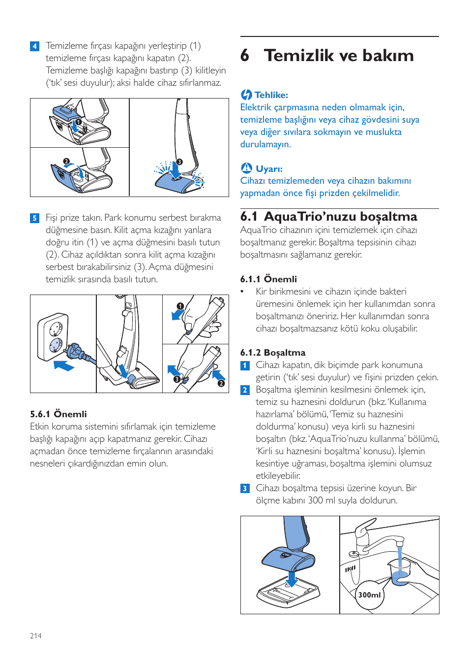 6 temizlik ve bakım, 1 aquatrio’nuzu boşaltma | Philips FC7070 User Manual | Page 214 / 230
