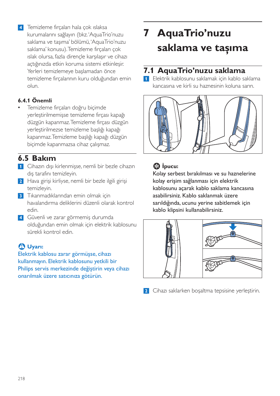 7 aquatrio’nuzu saklama ve taşıma, 1 aquatrio’nuzu saklama, 5 bakım | Philips FC7070 User Manual | Page 218 / 230