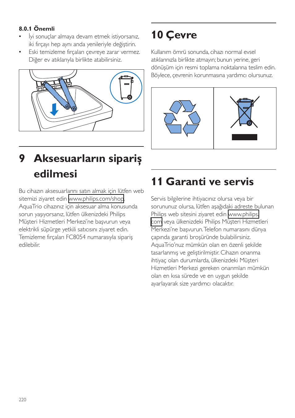 10 çevre, 11 garanti ve servis, 9 aksesuarların sipariş edilmesi | Philips FC7070 User Manual | Page 220 / 230