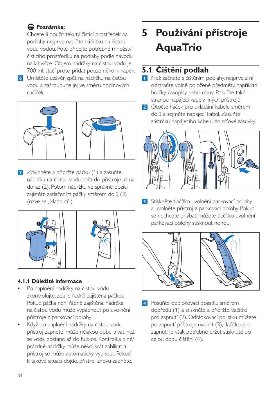 5 používání přístroje aquatrio, 1 čištění podlah | Philips FC7070 User Manual | Page 34 / 230