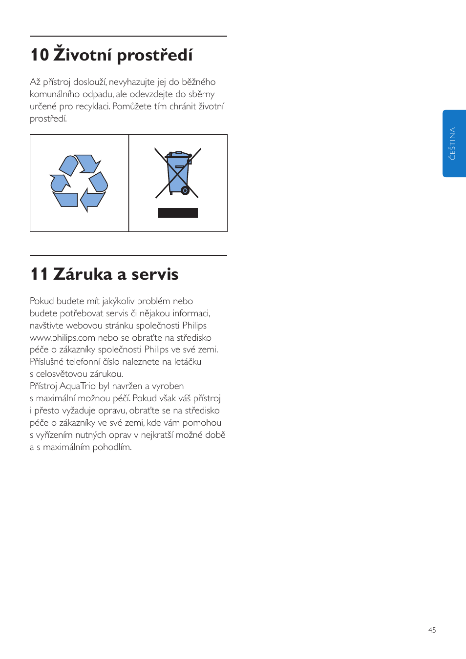 10 životní prostředí, 11 záruka a servis | Philips FC7070 User Manual | Page 45 / 230