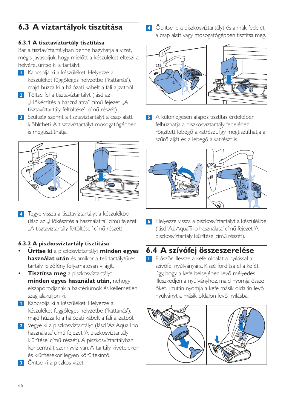 4 a szívófej összeszerelése, 3 a víztartályok tisztítása | Philips FC7070 User Manual | Page 66 / 230