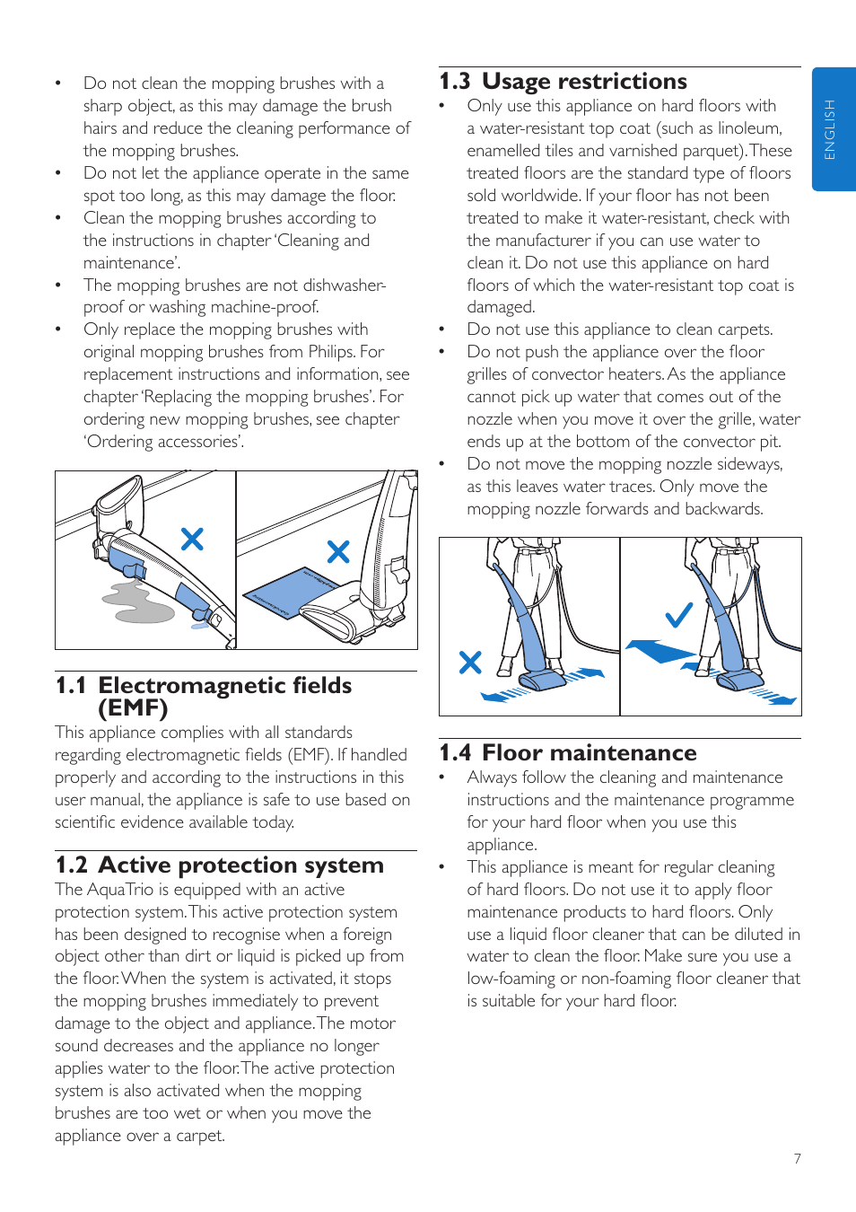 3 usage restrictions, 4 floor maintenance, 1 electromagnetic fields (emf) | 2 active protection system | Philips FC7070 User Manual | Page 7 / 230