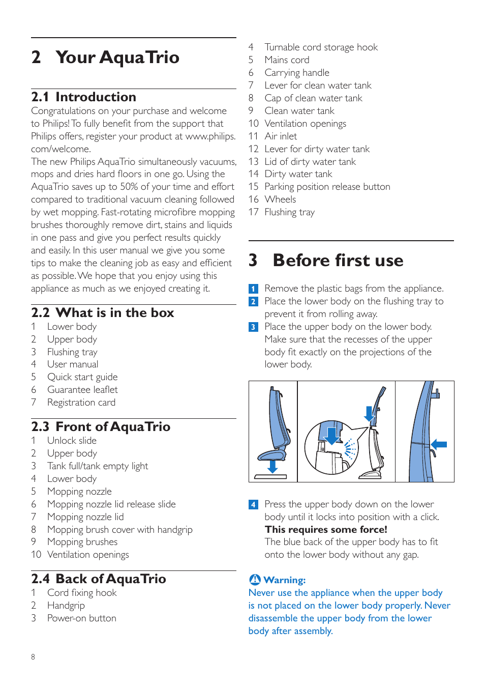 3 before first use, 2 your aquatrio, 1 introduction | 2 what is in the box, 3 front of aquatrio, 4 back of aquatrio | Philips FC7070 User Manual | Page 8 / 230