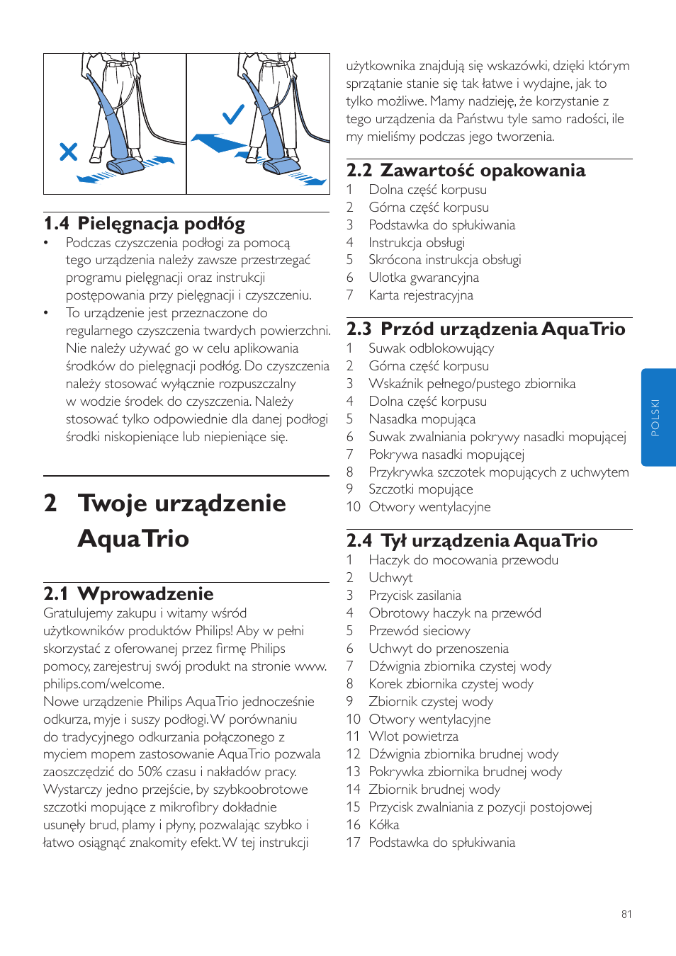 2 twoje urządzenie aquatrio, 2 zawartość opakowania, 3 przód urządzenia aquatrio | 4 tył urządzenia aquatrio, 4 pielęgnacja podłóg, 1 wprowadzenie | Philips FC7070 User Manual | Page 81 / 230