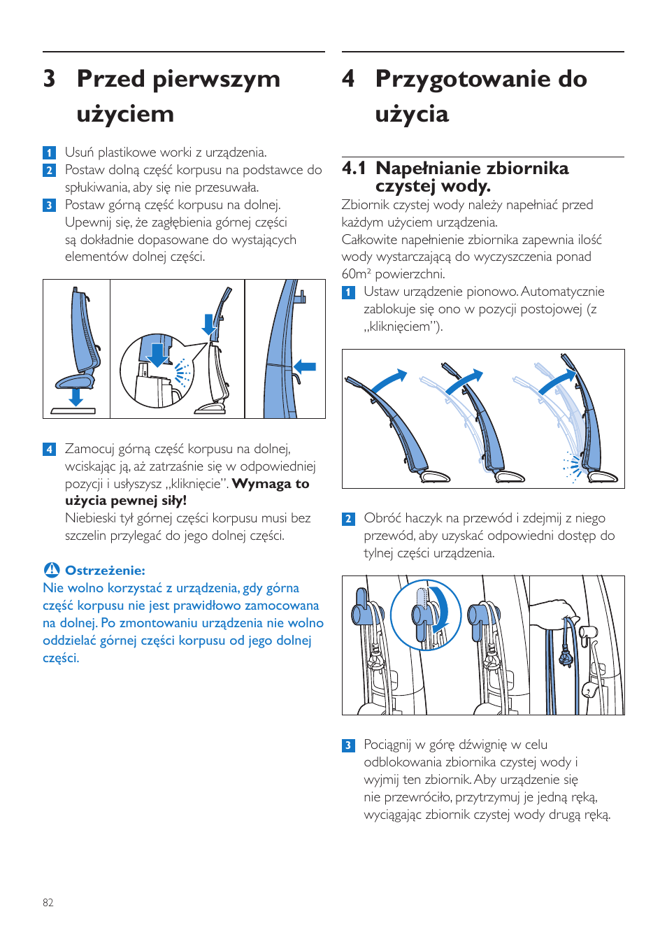 4 przygotowanie do użycia, 3 przed pierwszym użyciem, 1 napełnianie zbiornika czystej wody | Philips FC7070 User Manual | Page 82 / 230