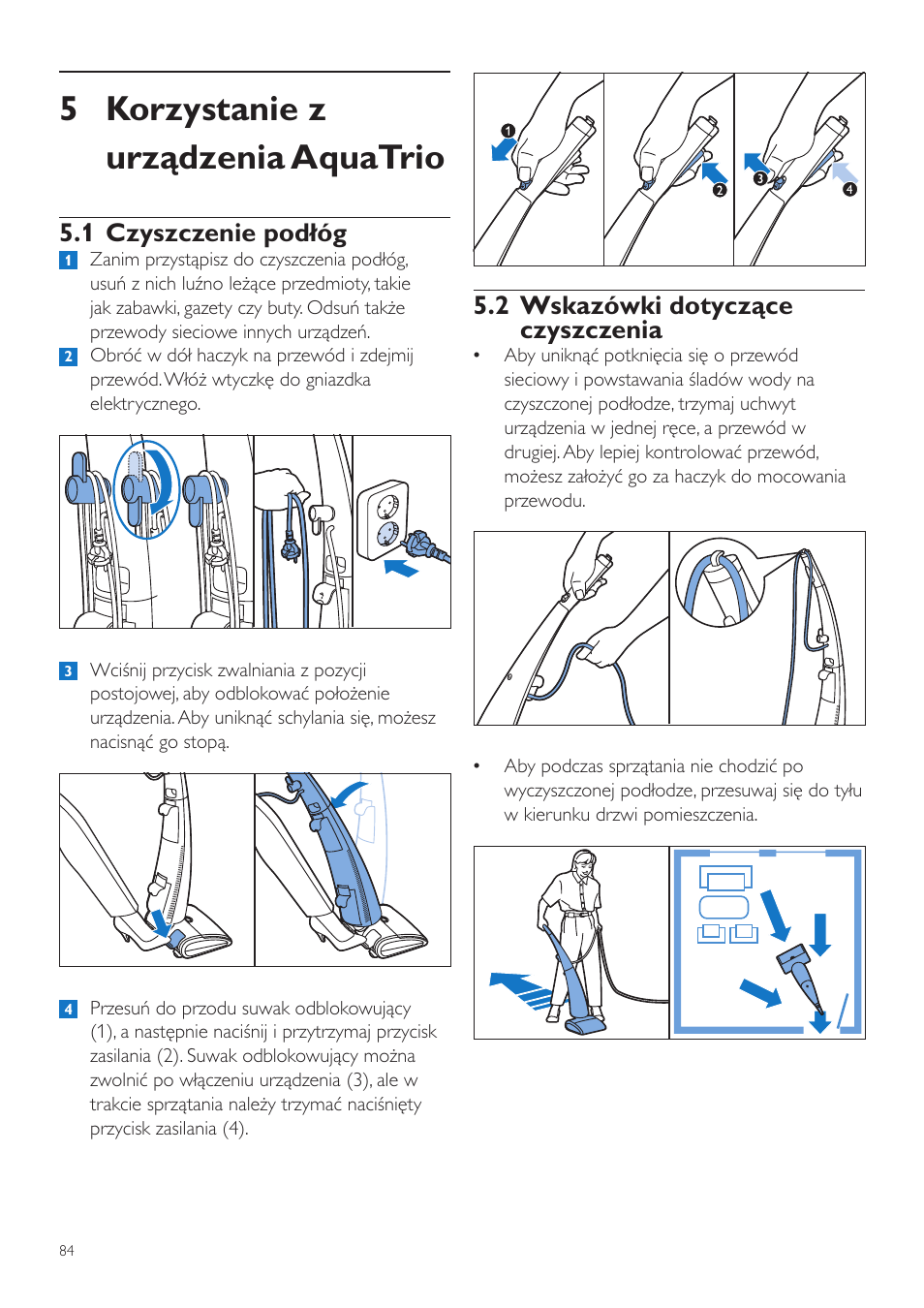 5 korzystanie z urządzenia aquatrio, 2 wskazówki dotyczące czyszczenia, 1 czyszczenie podłóg | Philips FC7070 User Manual | Page 84 / 230