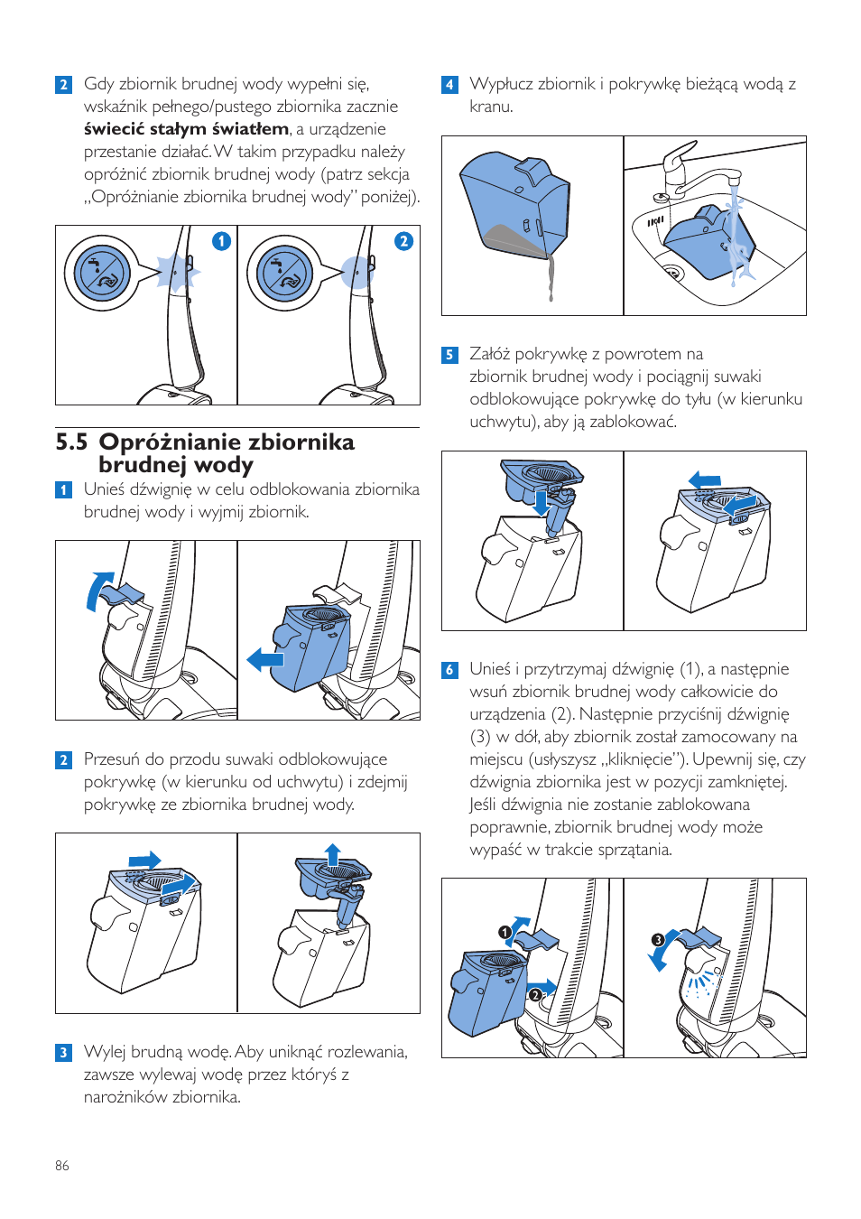 5 opróżnianie zbiornika brudnej wody | Philips FC7070 User Manual | Page 86 / 230