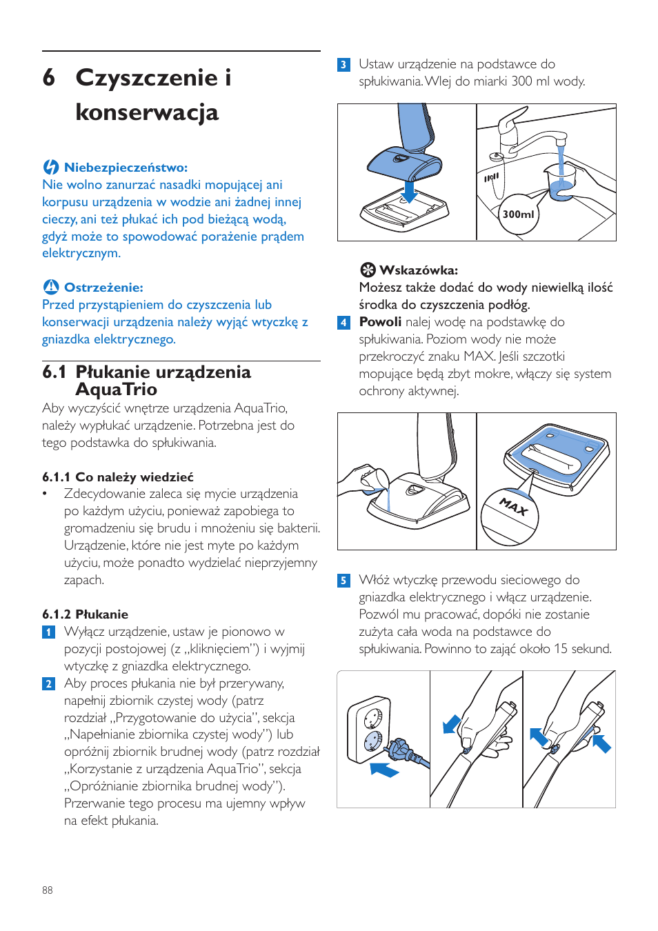 6 czyszczenie i konserwacja, 1 płukanie urządzenia aquatrio | Philips FC7070 User Manual | Page 88 / 230